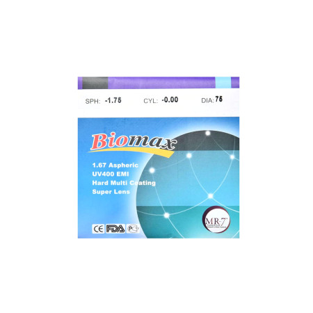 BIOMAX Полімерна асферична лінза BIOMAX UV400 + EMI Ind. 1,67 Ø75-70 (0,0/-15,0)