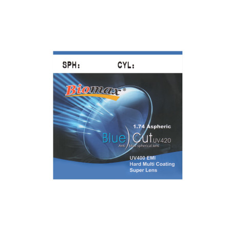 BIOMAX Полімерна лінза асферична BIOMAX Blue Cut UV400 HMC + EMI Ind. 1,74 Ø70 (0,0/-15,0)